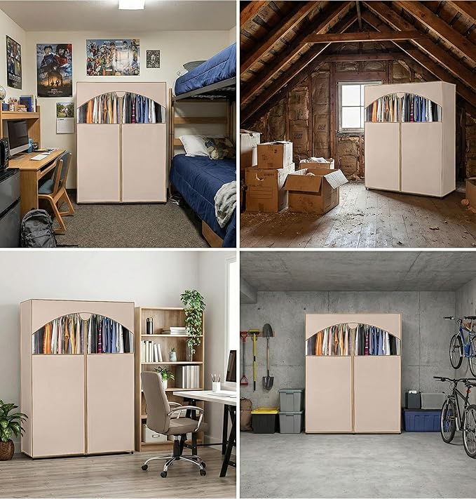 HOLDN’ STORAGE Portable Wardrobe Closet - 65 lb Large Capacity, Internal Heavy Duty Metal Rod, Zipper & Clear Window, Durable Clothes Organizer, Tool-Free Easy Assembly, Beige Canvas Cover