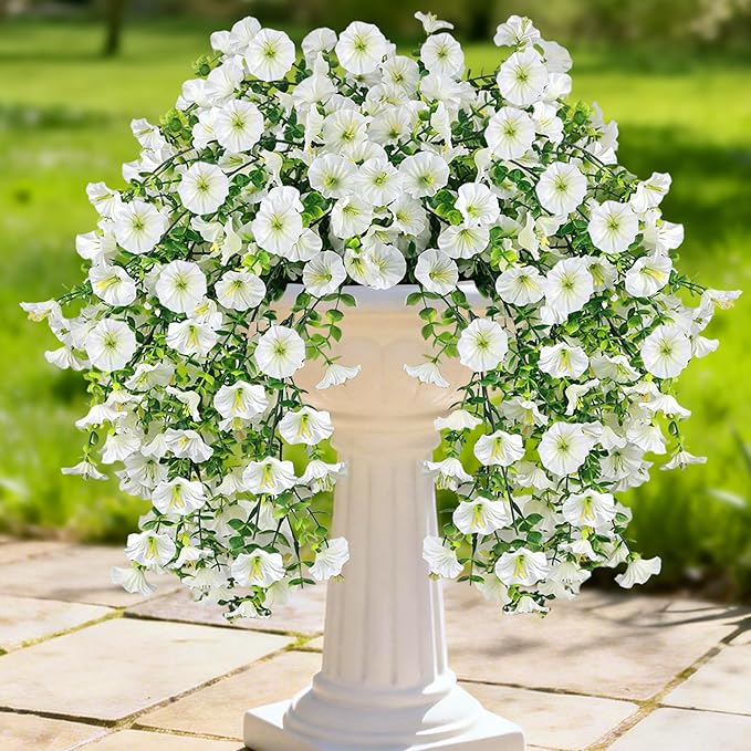 Artificial Hanging Flowers for Outdoors, 4 PCS UV Resistant Faux Plants Silk Realistic 150 Morning Glory Each Vines, Fake Plastic Floral for Garden Patio Spring Summer Decor, White