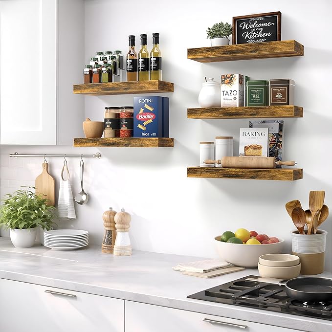 Sorbus Floating Shelves for Wall – 16 Inch Floating Shelf for Kitchen, Bedroom, Living Room, Bathroom, Home & Wall Decor - Mounted Bathroom Shelves with Invisible Brackets (Rustic Brown, 3 Pack)