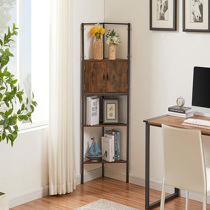 VECELO 4 Tier Corner Cabinet, 59" Tall Standing Organizer with 4 Dual-Hooks, Rustic Brown Storage Rack, Narrow Bookshelf Display Shelves Rack for Wall Corner, Living Room, Kitchen, Bedroom, Office