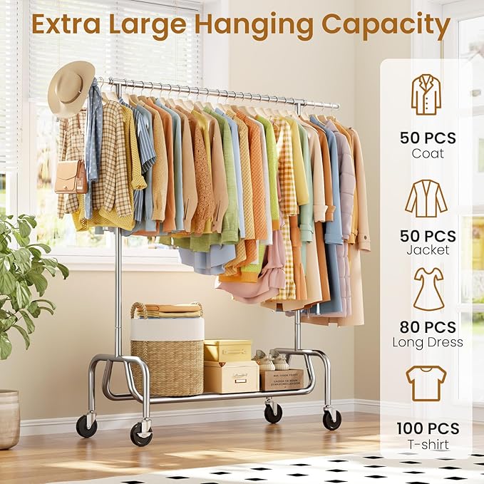 Clothes Rack with Wheels, Rolling Clothing Rack with Shelf, Heavy Duty Clothes Racks for Hanging Clothes, Metal Standing Garment Racks, Silver