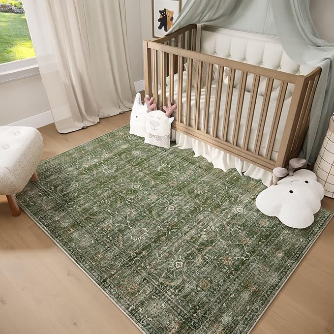 Washable 4x6 Rugs for Living Room, Boho Non-Slip Vintage Distress Small Rugs for Bedroom Nursery Office, 0.3" Neutral Oriental Throw Thin Carpet with Cushioning Pad, Grass Green/Multi