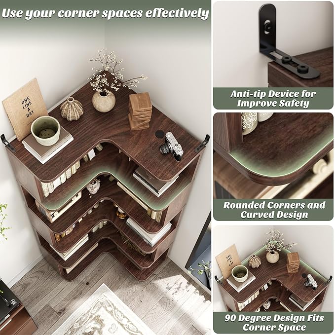 Armocity Corner Book Shelf - 6-Shelf Corner Bookshelf Etagere Bookcase with Baffle, Freestanding L Shaped Display Shelf Stand for Home Office, Living Room, Bedroom, Kitchen, Black Walnut