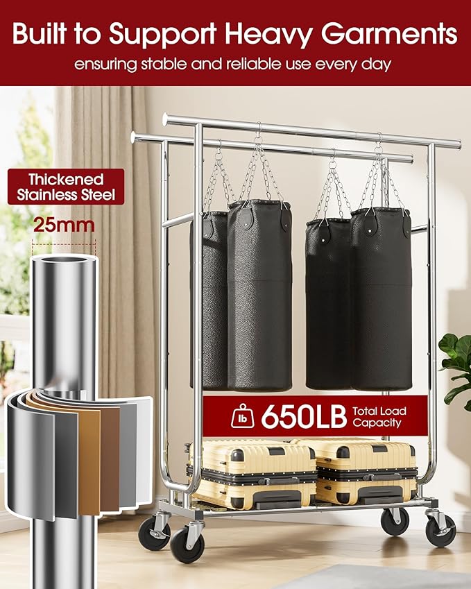 Heavy Duty Stainless Steel Rolling Clothes Rack with Mesh Shelf, Lockable Wheels & Anti-Slip Stoppers, Large Capacity Clothing Organizer for Bedroom, Laundry Room, 43.5" x 16.5" x 65.9", Silver