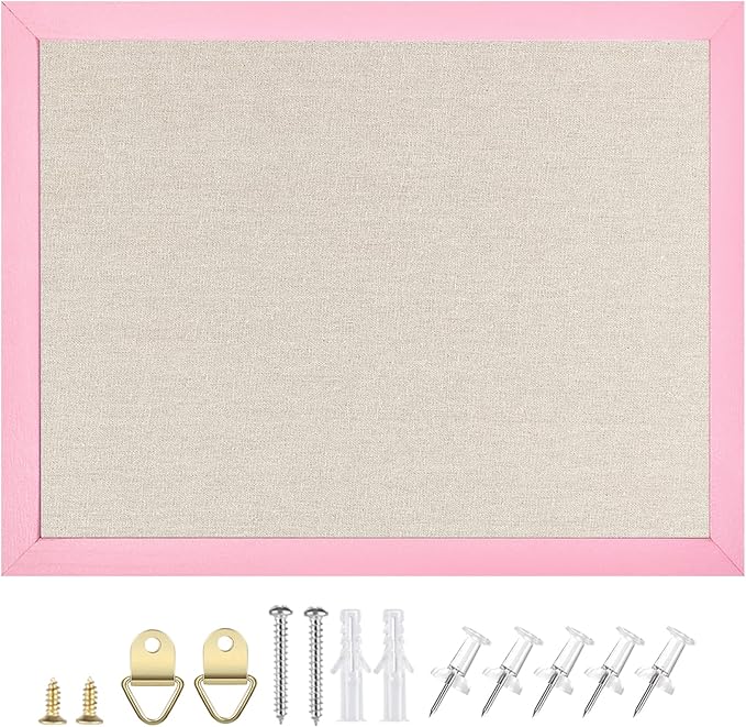 Linen Bulletin Board,13"x17" Pink Wood Frame Bulletin Boards,Beige Linen,Small Pin Board for Home Kitchen Office Decorative(PK-3343)