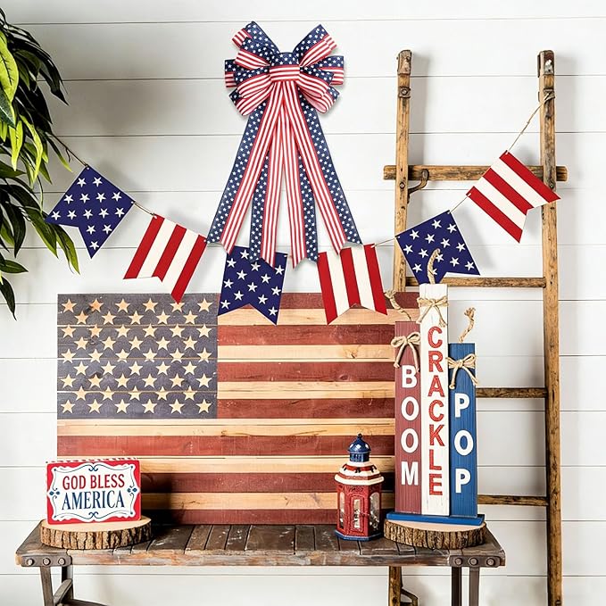 2PCS Large 4th of July Patriotic Bows for Wreath with Red White & Blue Stripe Stars Design for Front Door, Outdoor & Indoor Independence Day Decor