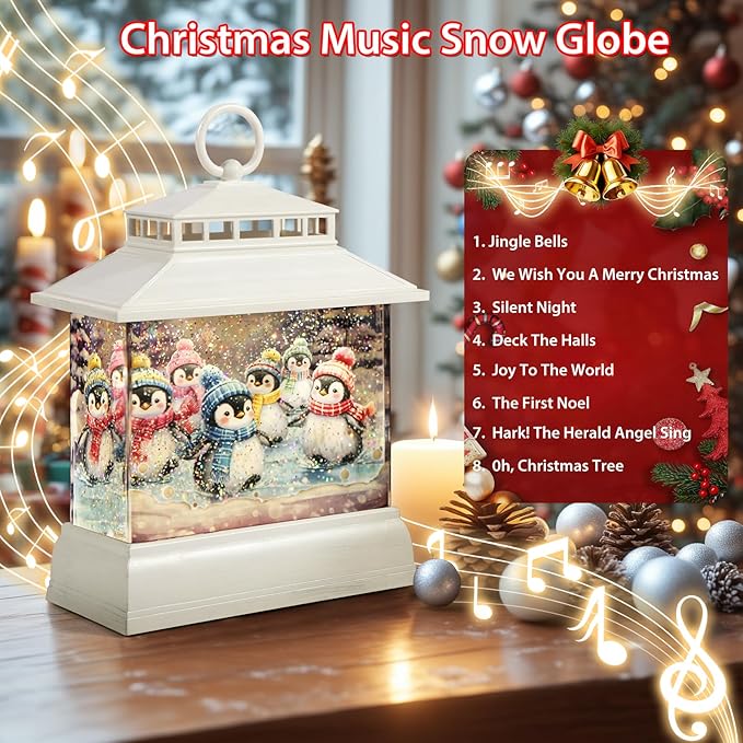 Christmas Snow Globe Lantern Water Glittering Lantern with 8 Songs & 6H Timer Romote Control Christmas Snow Globes USB & Battery Operated for Christmas Festival Decorations Gifts (Penguins)