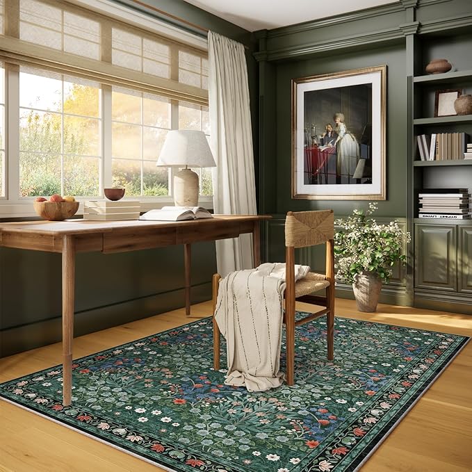 Dark Green 4x6 Washable Area Rug, Ultra Soft Non-Slip Stain Resistant, Floral Distressed Design for Living Room, Bedroom, Large Entryway & Kitchen