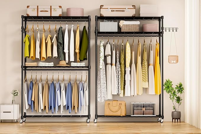Heavy Duty Rolling Garment Rack, 3 Tiers Wire Shelves Adjustable Freestanding Portable Rolling Clothing Rack with Lockable Wheels, 47.2''L x 15.8''W x 78.8''H, Max Load 650LBS