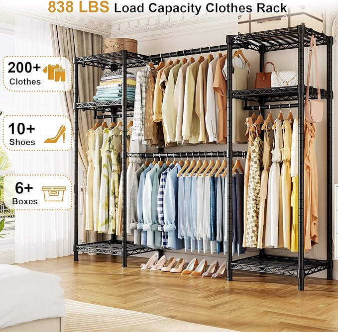 Ulif E7 Garment Rack, Heavy Duty Clothes Storage System with Extendable Hangers Rods, Metal Clothe Rack with 6 Wire Shelves, (52.3"-72") W x 14.5" D x 71.2" H, Load 838 LBS