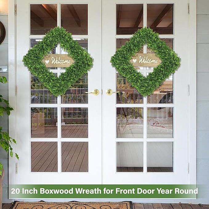 Artgar 20Inch Boxwood Wreath, Spring Wreaths for Front Door, Realistic Green Square Boxwood Wreath for Year-Round Decor, Artificial Summer Wreaths for Wedding Farmhouse Indoor/Outdoor Porch Decor