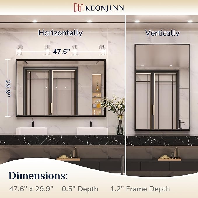 Keonjinn Black Framed Mirror for Bathroom 48 x 30 Inch Large Matte Black Bathroom Mirror Rectangle Wall Mirror Square Corner Metal Frame Farmhouse Bathroom Mirror for Over Sink(Horizontal/Vertical)