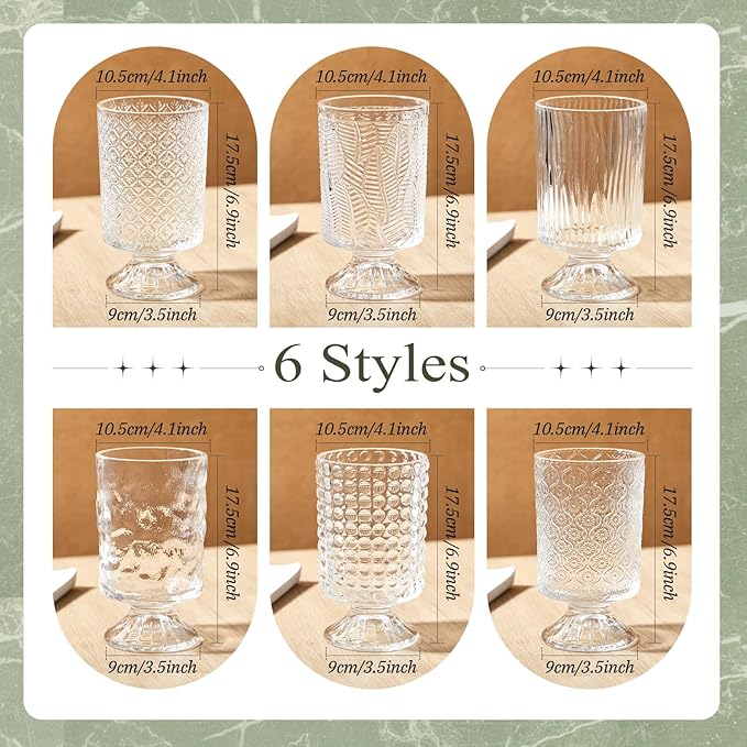 6 Pcs (H:7" W:4") Embossed Flower Vase Pedestal Glass Vase Big Base Thickened Crystal Vintage Vases for Valentines Day Wedding Home Decor Table Centerpiece House Warming Gifts(Clear)