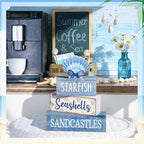 Moucuny 4 Pcs Nautical Beach Decor Shell Tiered Tray Decoration Blue Bow Table Centerpieces Summer Rustic Decorative Block Signs Gift Farmhouse Table Sign for Home Kitchen Shelf