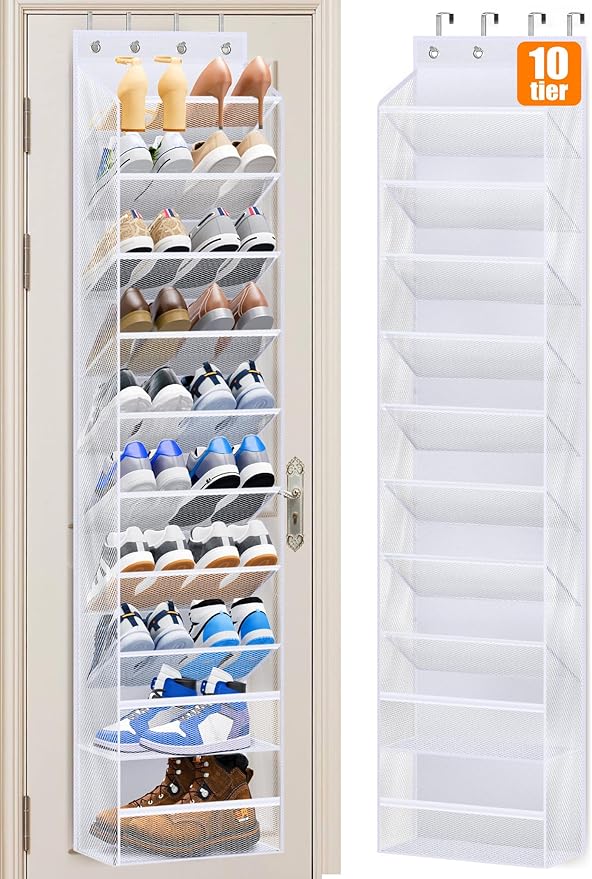 MISSLO 10 Tier Over the Door Shoe Organizer Breathable Mesh Hanging Shoe Rack for Closet Storage Shoe Holder for Door Fit 20 Pairs Sneakers, Sandals, Heels, Boots (White)