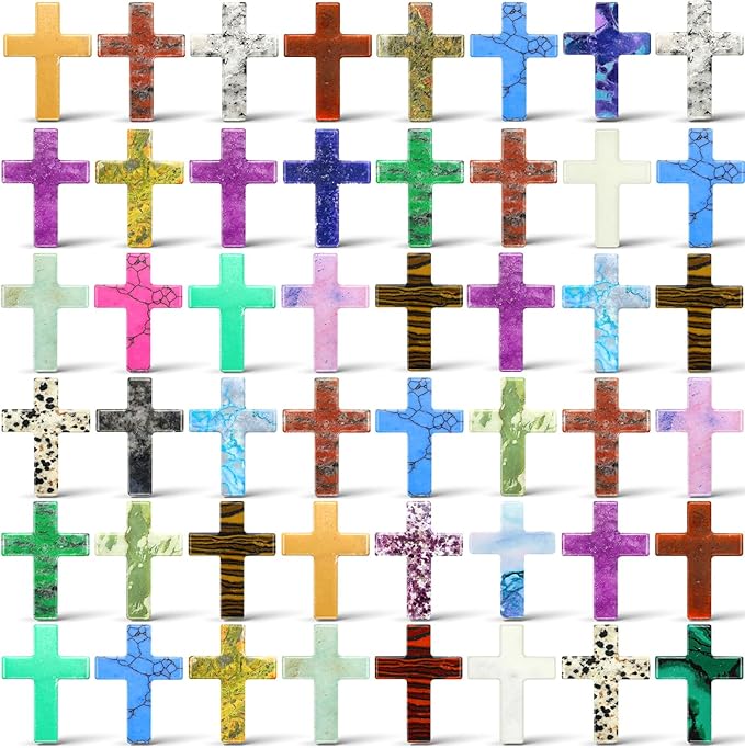 Nuenen 50 Pcs Cross Charm for Women Man Celebration Grad Decor Crystal Pocket Cross Necklace Natural Worry Stone Gift for Jewelry Making Craft Festival Decor(1.77 x 1.38 x 0.24 Inch,Cute)