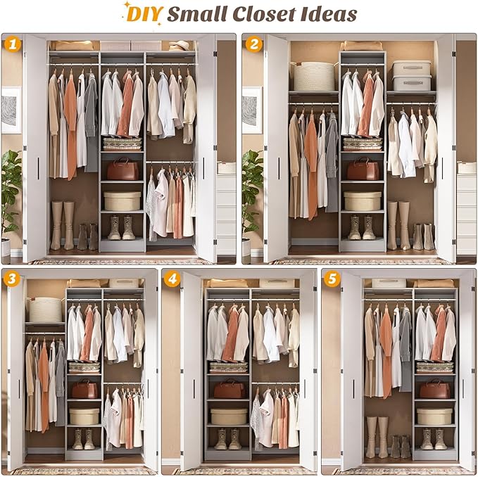 Cyclysio 4FT Small Closet System, 80"H Closet Organizer System with 4 Closets Rods & 3 Shelves, 48" Closets Organizers and Storage for Small Bedrooms, Laundry Rooms, Cloakrooms, Grey