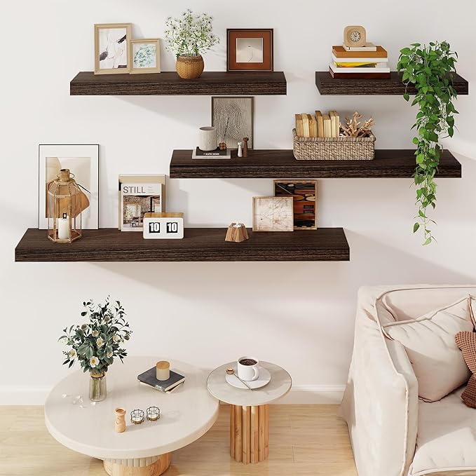 Solid Wood Floating Shelves for Wall 24"W x 8"D x 1.56"H Set of 2, Deep Wall Shelves for Living Room Bedroom Bathroom Kitchen Decor Storage with Invisible Heavy-Duty Metal Bracket, Rustic Brown