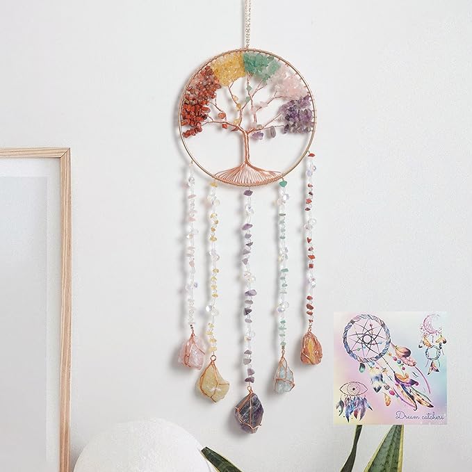 Tree of Life Moon Dreamcatcher - Dreamsum Natural Stones Wind Chimes with Healing Crystal Wall Decor Crystal Dream Catchers Wall Hangings for Room, Garden, Wedding Colorful Hanging Decor Gift