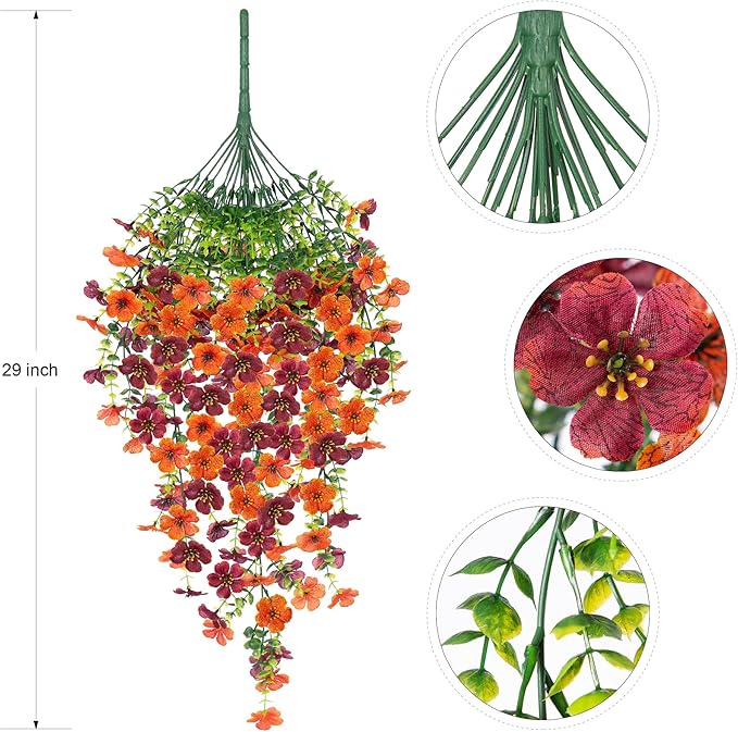Artificial Hanging Flowers for Outdoors Fake Plants Decoration, 2 Packs Faux Silk Daisy Flower Realistic Outdoor Flowers UV Resistant Porch Patio Window Yard Indoor Spring Decor(Orange Brown)