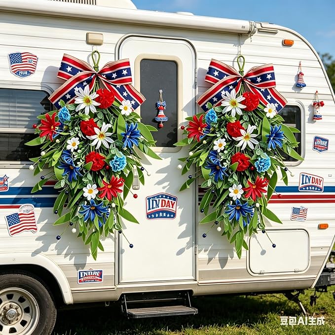 2 Pack 21'' Patriotic Swag Wreaths for Cabinets Artificial 4th of July Teardrop Wreath with Carnations and Daisies Red White Blue Floral for Independence Day Memorial Day Front Door Porch Window Wall