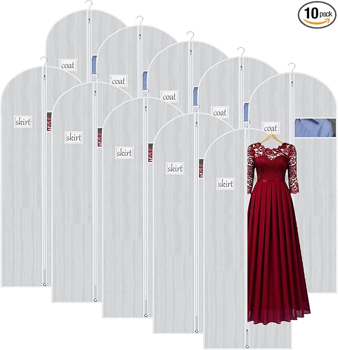 Univivi 60 Inch Lightweight Garment Bag for Hanging Clothes, Full Zipper Dress Bags for Gowns Dress Cover with Clear Window and ID Card Holder for Suits, Long Dress, Coats, 10 Pack, White
