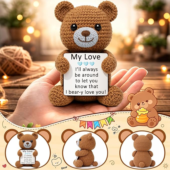 WELLBANEE My Love Gifts for Him Her, Positive Crochet Bear Gift for Husband Wife Boyfriend Girlfriend, Romantic Birthday, Handmade Emotional Bear