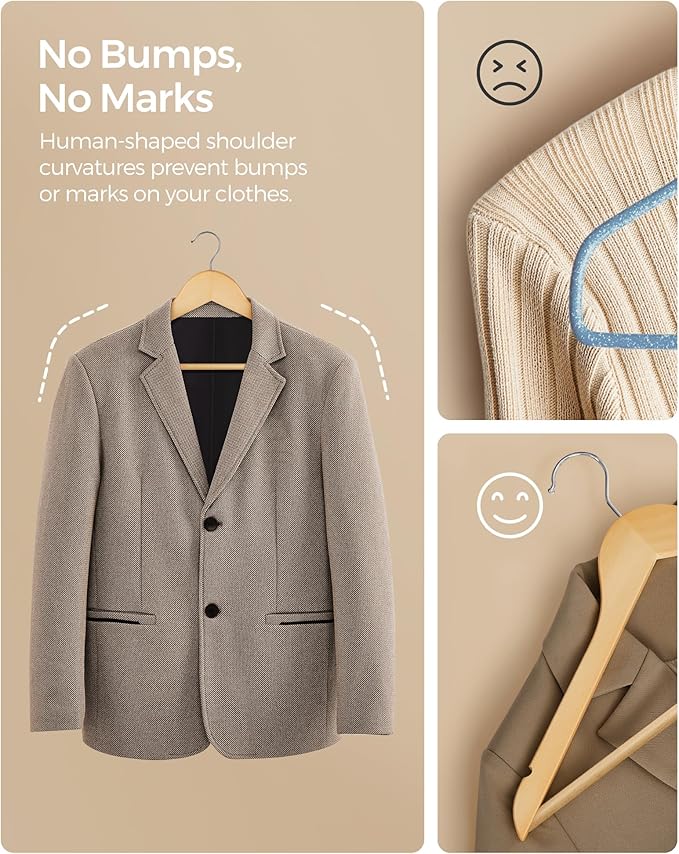 SONGMICS Solid Wood Hangers, 20-Pack Coat Hangers with Shoulder Notches, Pants Bar, 360° Swivel Hook, Non-Slip for Jackets, Shirts, Dresses, Natural UCRW001-20