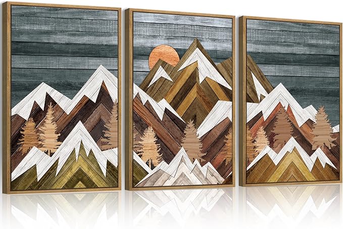 BINCUE Rustic Mountain Canvas Wall Pictures Framed Mountain Wall Art Nature Landscape Artwork Boho Mountain Wall Decor Farmhouse Paintings Rustic Landscape Art Prints for Office Living Room Bedroom 16x24 Inches Set of 3