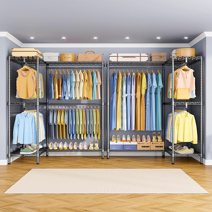 E15 Pro Garment Rack L Shaped Clothes Rack for Corner，Freestanding Clothing Racks for Hanging Clothes，Heavy Duty Closet System with 4 Hanging Rods & 8 S Hooks，48.8"W x 15.8"D x 78.4"H，Grey