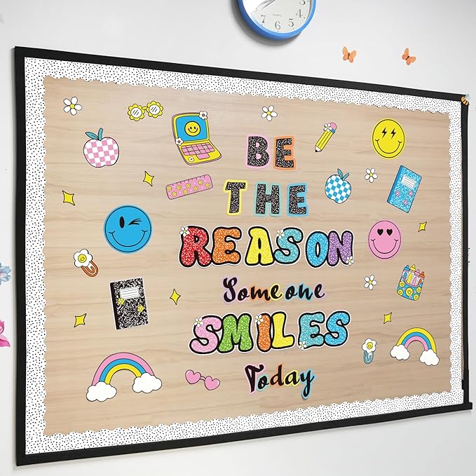 Composition Notebook Classroom Decor, Be The Reason Someone Smiles Today Bulletin Board with Happy Face Apple Rainbow Composition Book Cutouts for Posters Back to School Wall Door Chalkboard Supplies