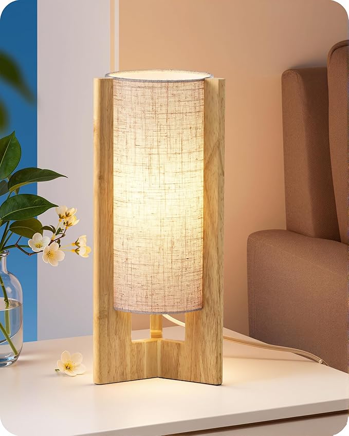 EDISHINE Small Wood Table Lamp, 13.5" Modern Bedside Lamp, Beige Linen Shade, Natural Wood Cylinder Nightstand Lamp for Bedroom Living Room, On-Off Line Switch, E26 Base (Bulb Not Included)