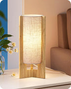 EDISHINE Small Wood Table Lamp, 13.5" Modern Bedside Lamp, Beige Linen Shade, Natural Wood Cylinder Nightstand Lamp for Bedroom Living Room, On-Off Line Switch, E26 Base (Bulb Not Included)