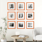Vittanly 12x12 Picture Frames Set of 9, Shatter Resistant Plexiglass, Display 8x8 Pictures with Mat or 12x12 without Mat, Photo Frames for Wall Mount, Engineered Wood, Orange