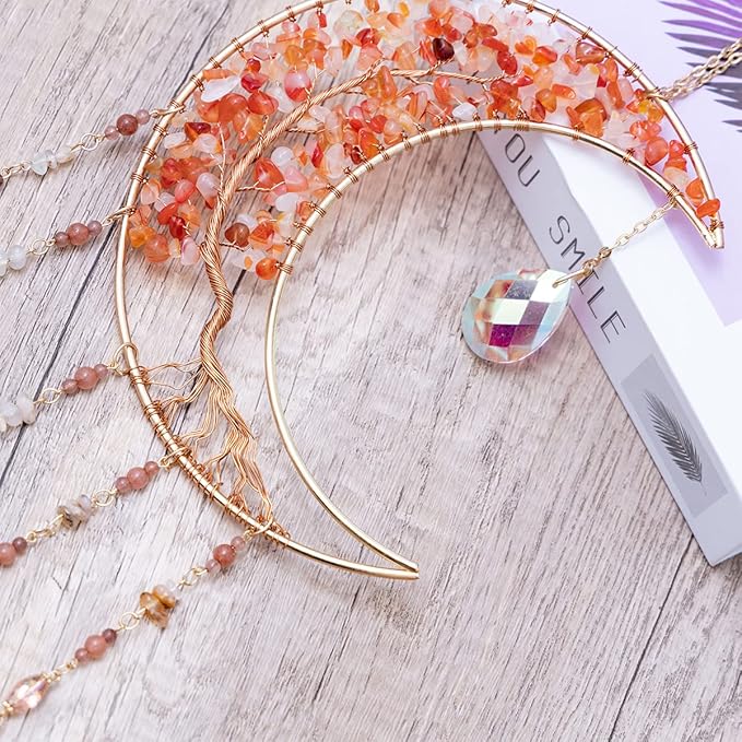 Agate Moon Dream Catchers with Crystal 7 Chakra Gemstone Dream Catchers Color Natural Gem Agate Wall Hangings Room Garden Dreamcatchers Decor (Orange)
