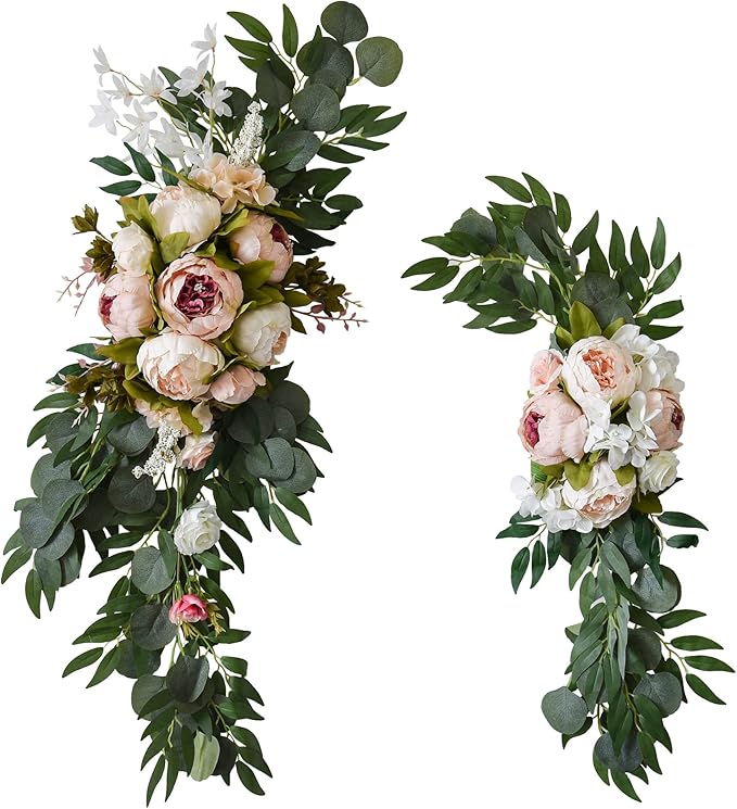 Machoo Decorative Swags Wedding Arch Flowers Swags Artificial Flowers for Decoration 2 Pcs Peony Flower Swag for Wedding Decor Welcome Sign Wedding Arch Lintel Decor (Champagne)