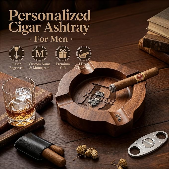 Cigar Ash Tray for Men Personalized Name Walnut Cigar Ashtrays for Outdooor Custom Wooden Ashtray Father's Day Christmas Engraved Monogramed Ashtray Gifts for Husband Dad Groomsmen Papa Grandpa