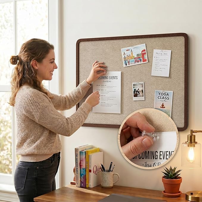 Bulletin Board, 48 x 36 inches Decorative Felt Board Foldable Photo Board Pin Boards, Cork Board Alternative for Walls, Office, Home, Classroom with Pushpins ＆ Small Storage Bag, Brown