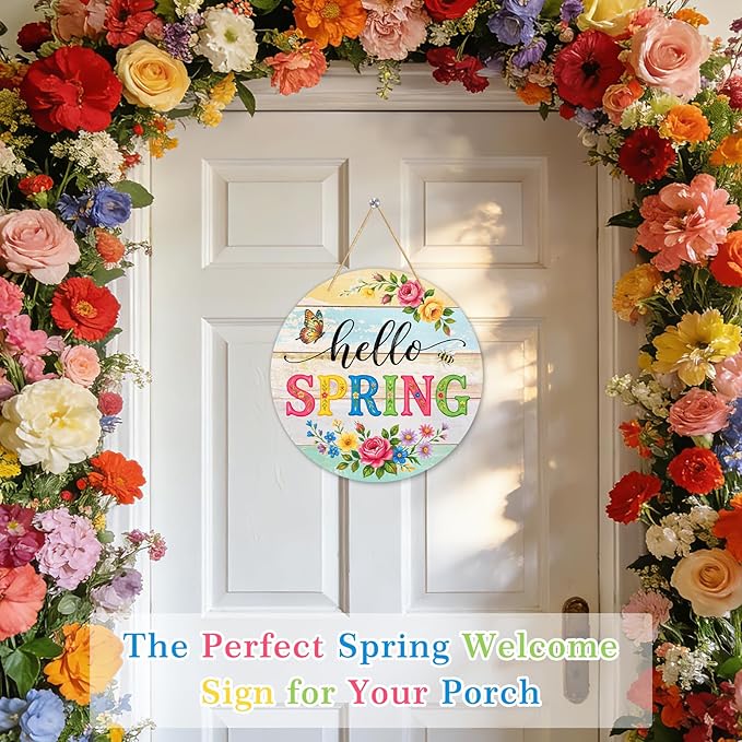 PETCEE Hello Spring Door Sign - 11.5" Colorful Flowers Welcome Wreath for Front Door Spring Decorations Farmhouse Porch Decor Rustic Round Wreath Sign Hanging Wall Plaque Easter Home Outdoor Decor