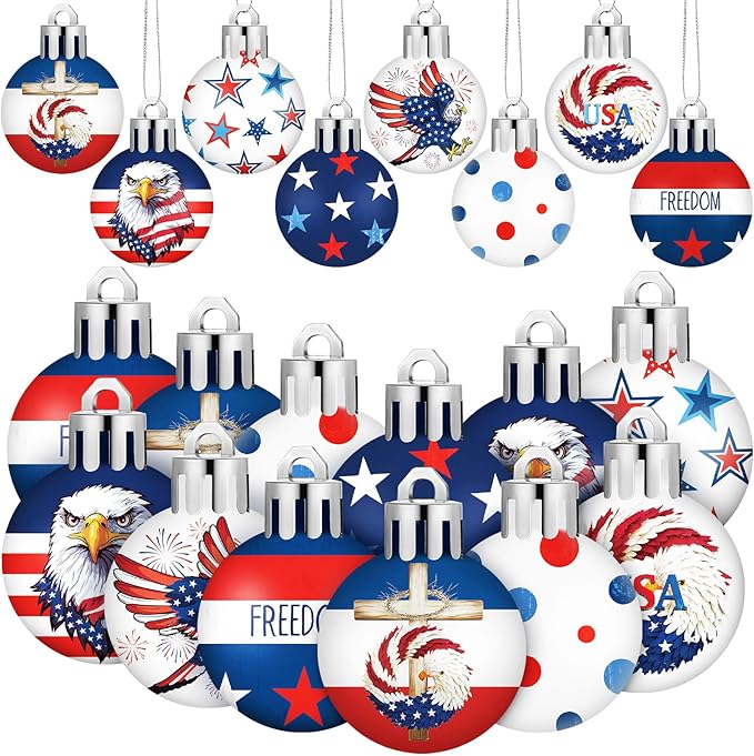 HyDren 40 Pcs 4th of July Ornaments 1.2 Inch Mini Patriotic Tree Decorations 250th Anniversary Memorial Day Independence Day Ornaments Red White Blue Eagle Star Ball Decorations for Holiday Party