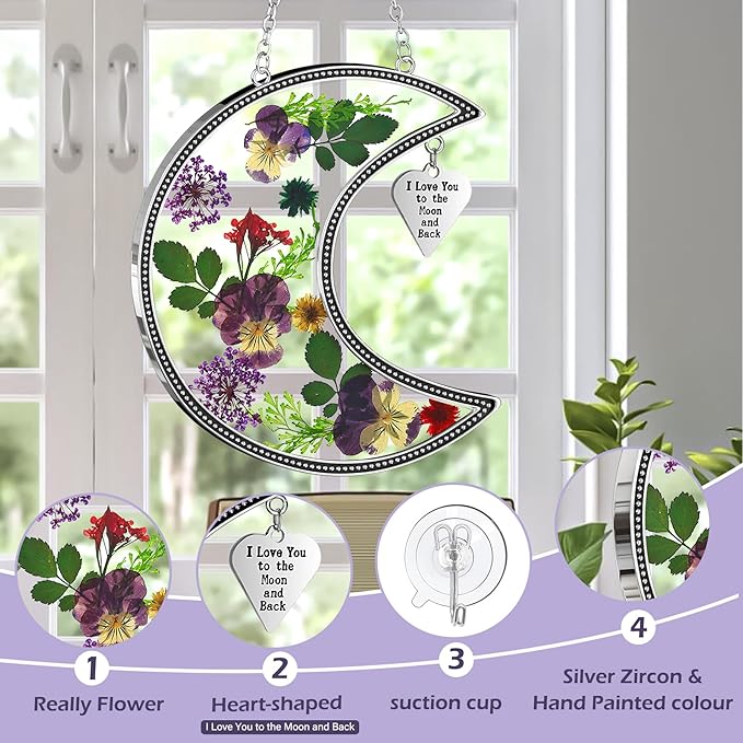 KY&BOSAM Moon Suncatcher Stained Glass for Window Hangings Wind Chime Decor with Pressed Real Flower and Metal I Love You to The Moon and Back Charm Birthday Gift for Women Mom Mother`s Day Christmas