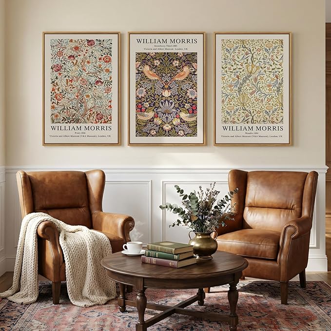 Large Framed William Morris Wall Art Set of 3, Vintage Strawberry Thief Canvas Artwork for Walls, Rustic Botanical Floral Art Prints for Living Room, Bedroom, Dining Room, Hallway, Office Wall Decor, Total Size 30x60 In