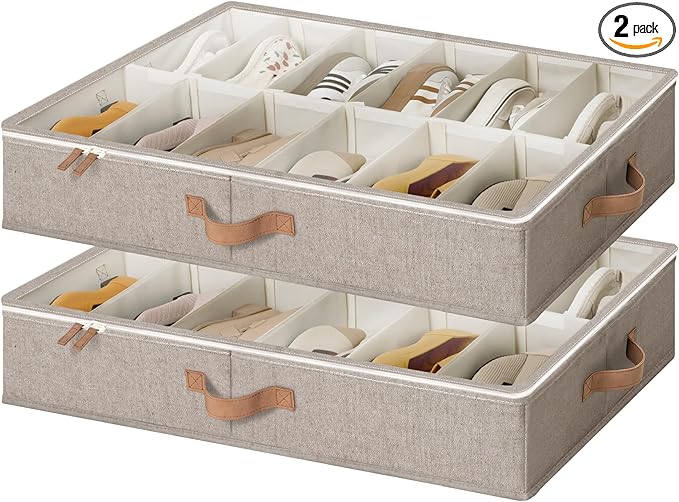 StorageWorks Shoe Organizer for Closet, Fits up to 24 Pairs, 2-Pack Ultra-thick Fabric Under Bed Shoe Storage Containers with Bottom Support and Adjustable Dividers, Taupe