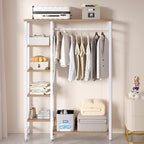 VECELO Open Garment Clothing Rack, Free-Standing Heavy Duty Storage Closet with 5 Shelves and Hanging Rod for Small Spaces, Max Load 350LBS, White Oak