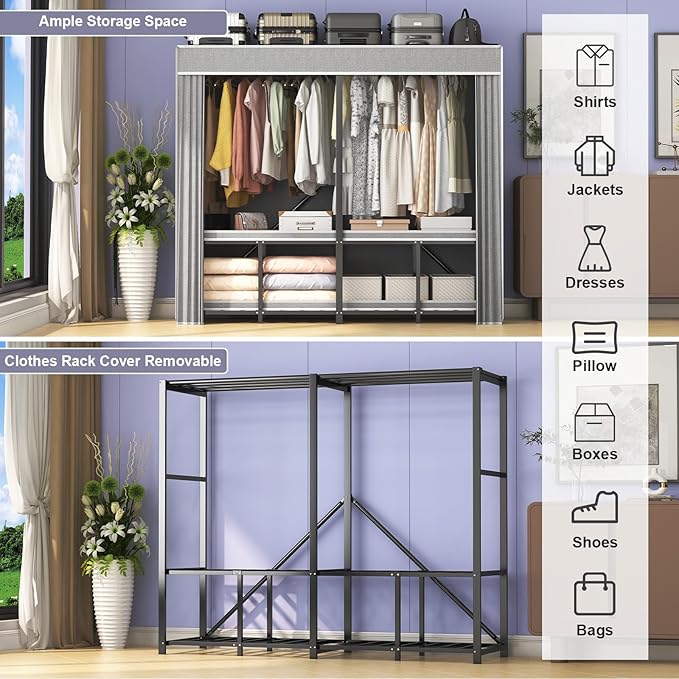 95% Assembled Heavy Duty Garmen Clothes Rack, 59" Lx68 H Freestanding Flodable Strong Portable Clothing Rracks with Cover,Black