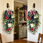 2 Pack 21'' Patriotic 4th of July Teardrop Swag Wreaths Independence Day Patriotic Floral Swag with Artificial Flowers and Fern Leaves Hanging Wreath for Double Front Doors Porch Window Wall Farmhouse