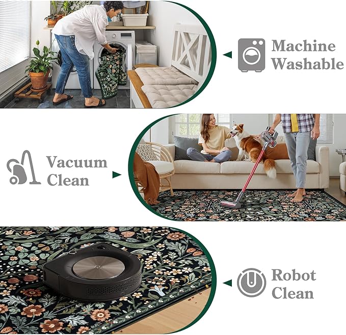 Moynesa Floral 2x3 Entryway Rug, Washable Kitchen Rugs Non Slip Front Door Mat for Indoor Entrance, Boho Ultra Thin Small Rug Soft Botanical Throw Carpet for Bathroom Bedroom, Black