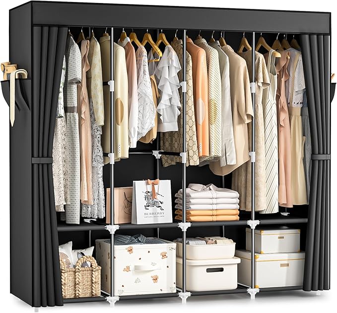 Wardrobe Closet, 66 Inch Portable Closet for Hanging Clothes, Large Capacity Clothes Rack Organizer with Cover & 4 Hanging Rods & 8 Storage Shelves & 2 Side Pockets (Black)