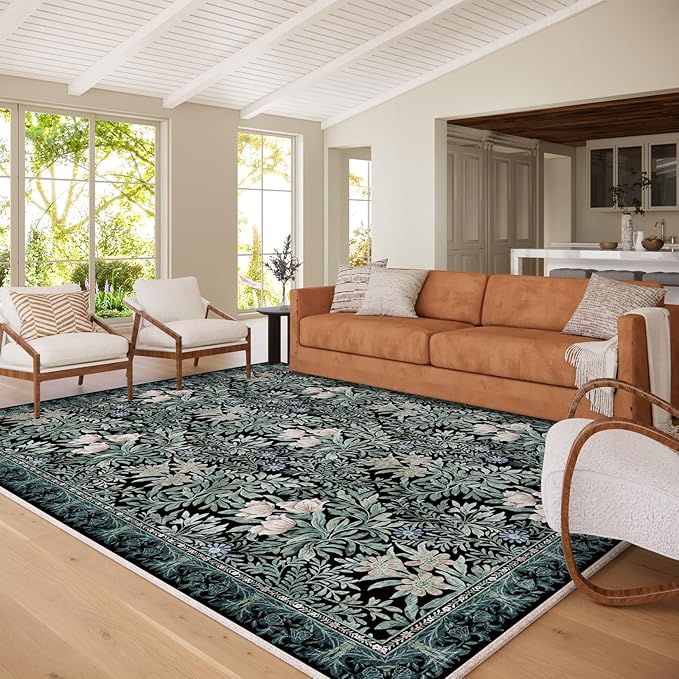 Washable Area Rugs 8x10 Black Green Vintage Floral Botanical Pattern,Perfect for Living Room, Bedroom, Kids Room, Nursery - Stain & Water Resistant Non-Slip, Pet & Child Friendly/Bedroom Decor
