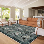 Washable Area Rugs 8x10 Black Green Vintage Floral Botanical Pattern,Perfect for Living Room, Bedroom, Kids Room, Nursery - Stain & Water Resistant Non-Slip, Pet & Child Friendly/Bedroom Decor